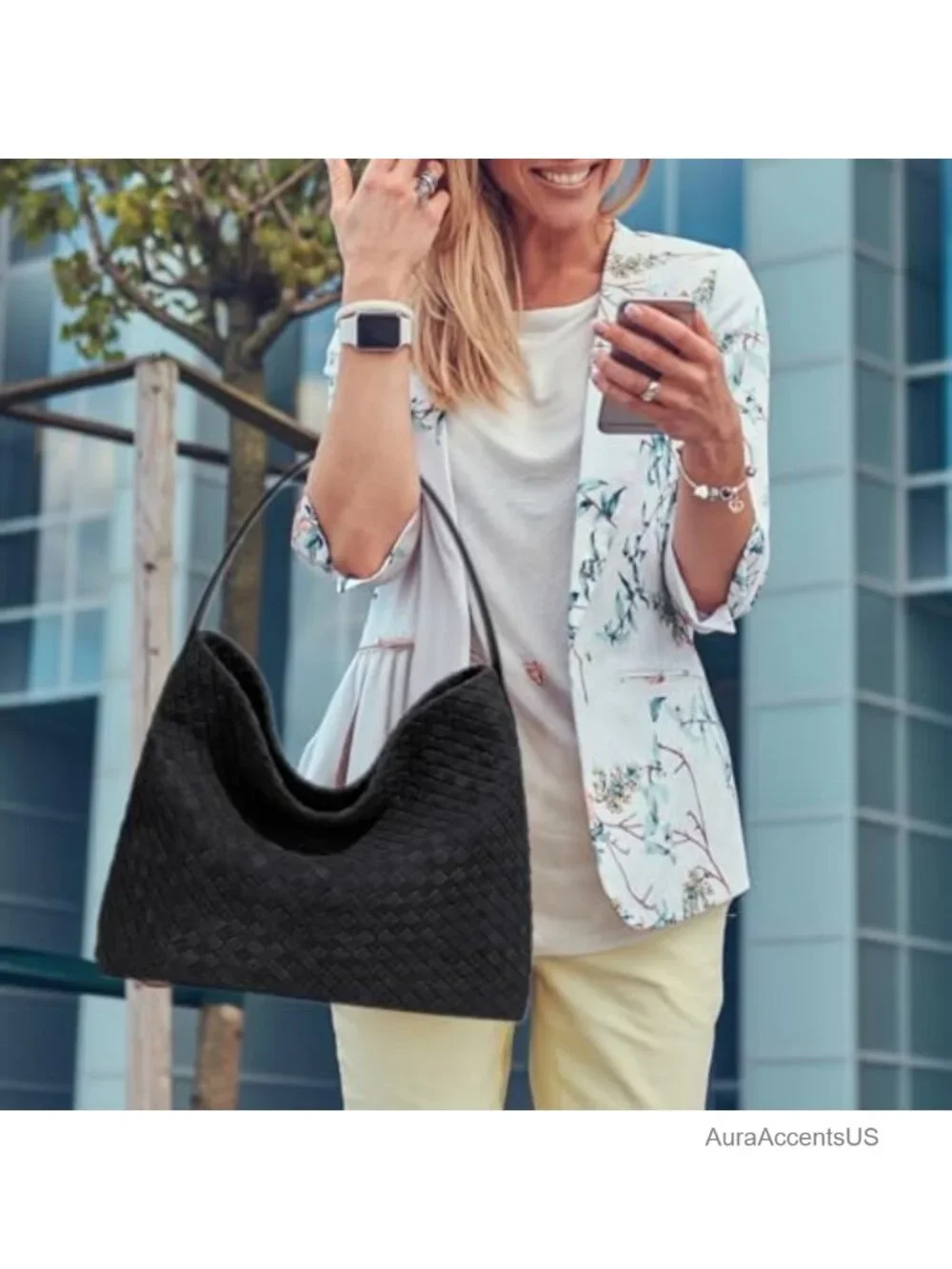 Woven Suede Hobo Bag Slouchy Shoulder Tote Crossbody Strap Work Travel
